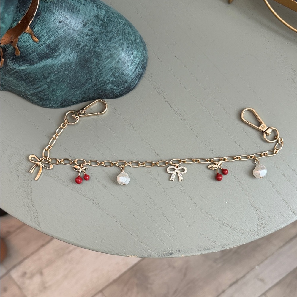 Gold Charm cell phone chain with Pearls & Red Beads